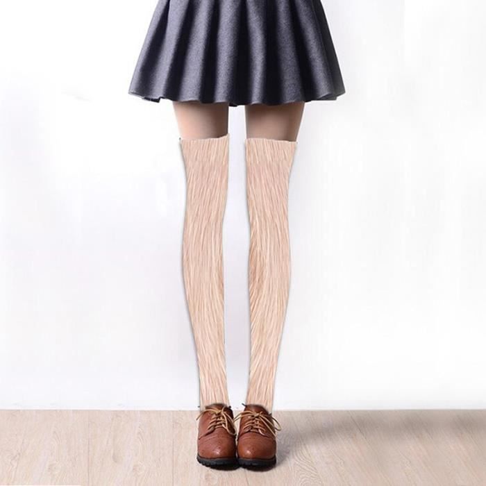 Chaussettes Hautes Femme, Genou, En Tricot Crochet Ethnique Beige, Taille Unique