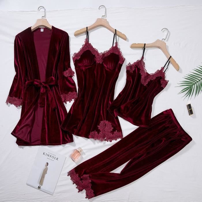 Ensemble pyjama 3 pièces en velours pour femme, robe de chambre, nuisette