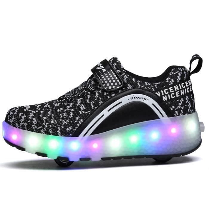 Basket Enfants Roller Sneaker avec Double Roue Noir LED lumineux