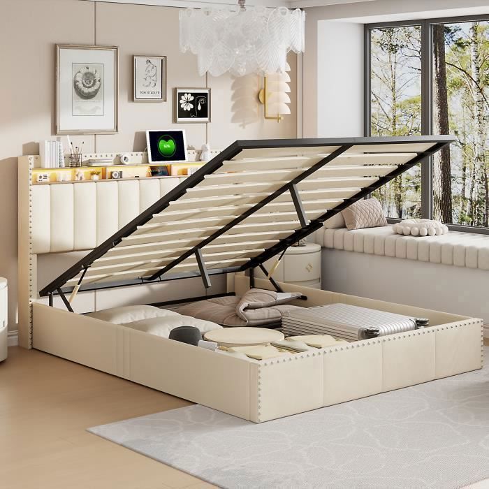 Lit Double 160x200cm LIVLUX Avec Tête LED, 4 Tiroirs Et Sommier Lattes - Lin Beige