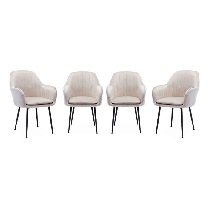 Lot de 4 fauteuils en velours blanc cassé et pieds en métal noir. Shella L 57 x P 59 x H 84.5