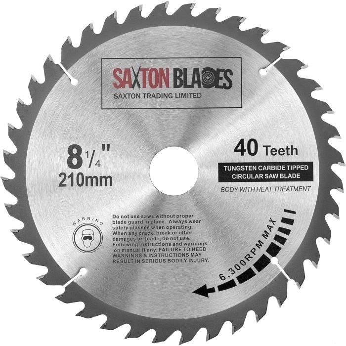Lame De Scie Circulaire Saxton TCT 210 Mm - 40 Dents - Alésage 25,4 Mm - Pour Bois, Contreplaqué, MDF - Compatible Scies Evolution Rage