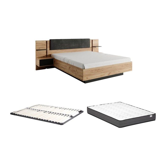 Lit avec chevets 160 x 200 cm - Avec LEDs - Coloris : Naturel et anthracite + Sommier + Matelas Confort - ELYNIA