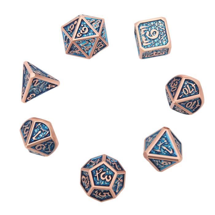 Jeu De 7 Dés Polyédriques En Métal Pour Donjons & Dragons - D4, D6, D8, D10, D%, D12, D20 - Alliage De Zinc, Finition Or Et Bleu