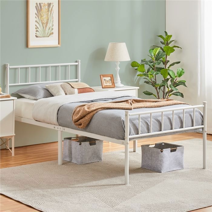 Cadre de Lit 90×200 cm Métallique Moderne avec Sommier Lit simple pour 1 personnes à Lattes Surface de Couchage Blanc YAHEETECH