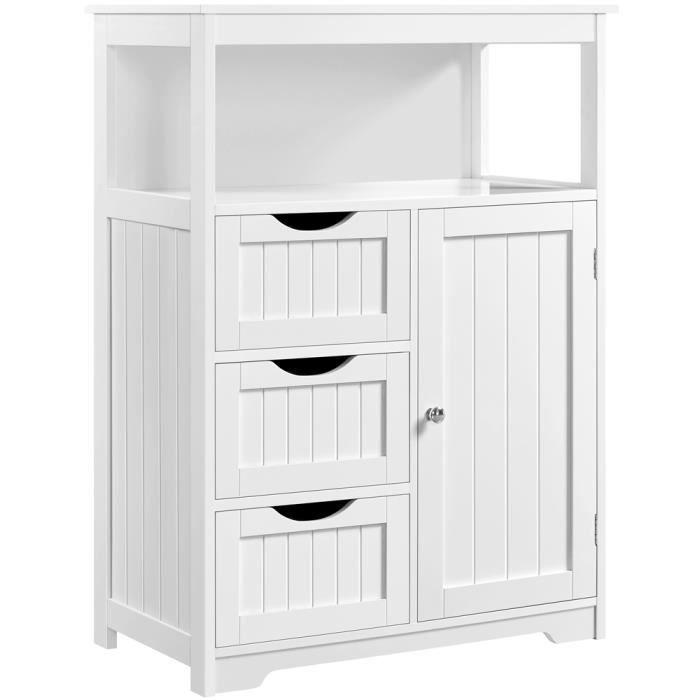 Yaheetech Meuble Salle de Bain Colonne Salle de Bain Armoire de Rangement avec 3 Tiroirs et 1 Placard Commode en Bois Blanc