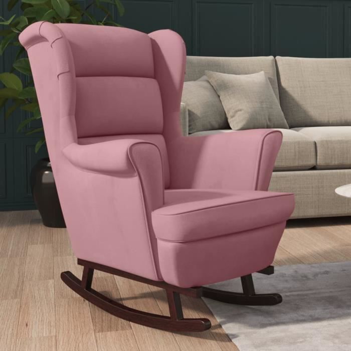 Fauteuil à bascule - ZERODIS - HB022 - Velours rose - Bois dhévéa massif - Confort optimal