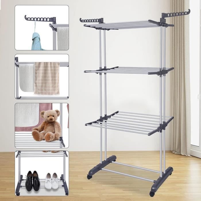 GIANTEX Étendoir à Linge Pliable à 2 Niveaux, Séchoir à Linge Pliable avec Ailes Réglables, Clips Utiles, Cadre Stable en Acier Inoxydable en Forme de 'A', Séchoir sur Pied pour Intérieur et