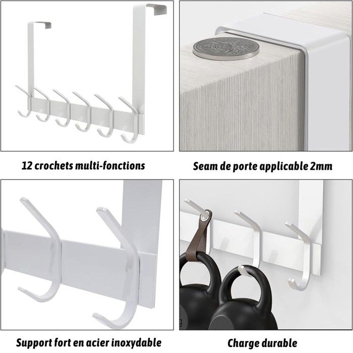 Patère Porte Porte-manteau Porte 6 Crochets Noir - Acier Inoxydable - Sans Perçage - Salle De Bain Chambre Porte Manteau Porte Sans Percage