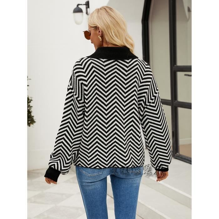 Pull Femme Tricoté À Rayures Manches Longues Hauts Pullover Lâche Col V  Avec Boutons Confortable Automne Hiver Noir