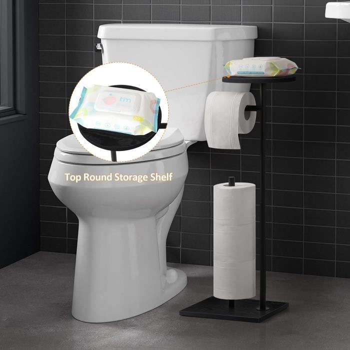 Porte-Papier Toilette Sur Pied Noir Mat Avec Étagère Haut – Support Stable En Acier & Bois, 5 Rouleaux, Design Moderne Salle De Bain
