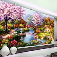papier peint panoramique Peinture à l'huile de paysage de fleurs de belle campagne européenne,décoration murale de salon,art