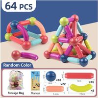 Jeu de construction magnétique 64 pièces Jeu de boules et bâtons magnétiques Montessori Jouets éducatifs pour enfants