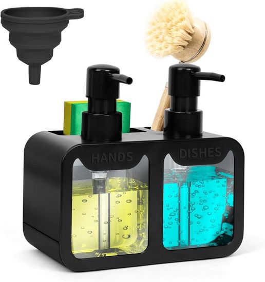 Distributeur De Savon Double Pour évier - 2 Réservoirs 350ml (lave-vaisselle + Mains) Avec Rangement éponge (Noir)