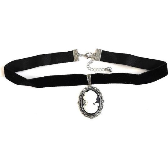 Collier /Ras De Cou/ Velours Rose /Camée Femme Squelette