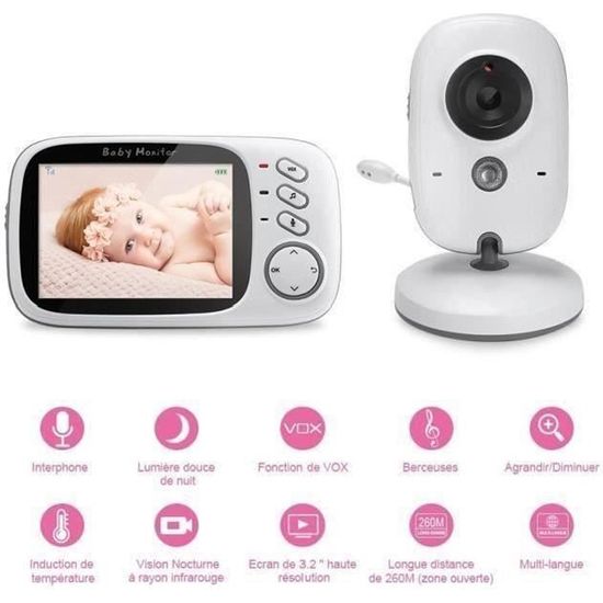 JIE  Bébé Moniteur 3.2 " LCD Couleur Babyphone Vidéo Ecoute Bébé Video Camera Surveillance 2.4 GHz Bidirectionnelle Vidéo Babyview