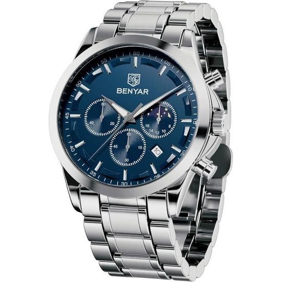 BY BENYAR Montre Homme Chronographe - Cadran Bleu Ou Noir, Bracelet Acier Ou Cuir - Étanche, Élégante
