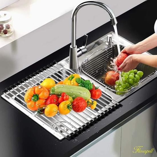 TOSSOW Égouttoir à Vaisselle Enroulable Multifonction En Acier Inoxydable 304 Pour évier De Cuisine 45 Cm (L) X 36 Cm (l) X 0,6 Cm (H