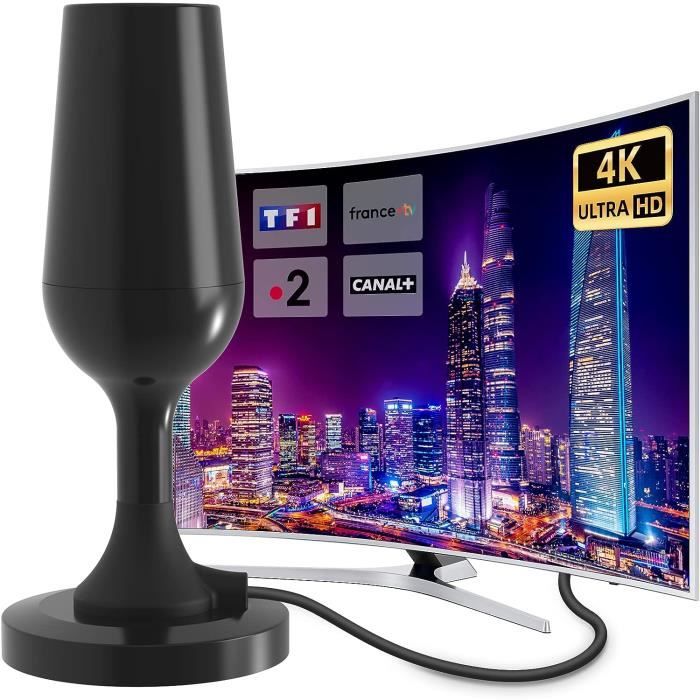 Antenne TV DVB-T2 Intérieure/extérieure Avec Amplificateur - Portée 360°, Câble 5m, Pour 4K/1080p, DAB+