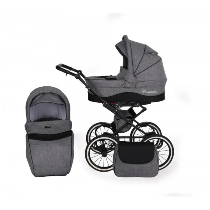 Solenzo - Poussette combinée 3 en 1 rétro gris et noir avec cosy + ombrelle offerte