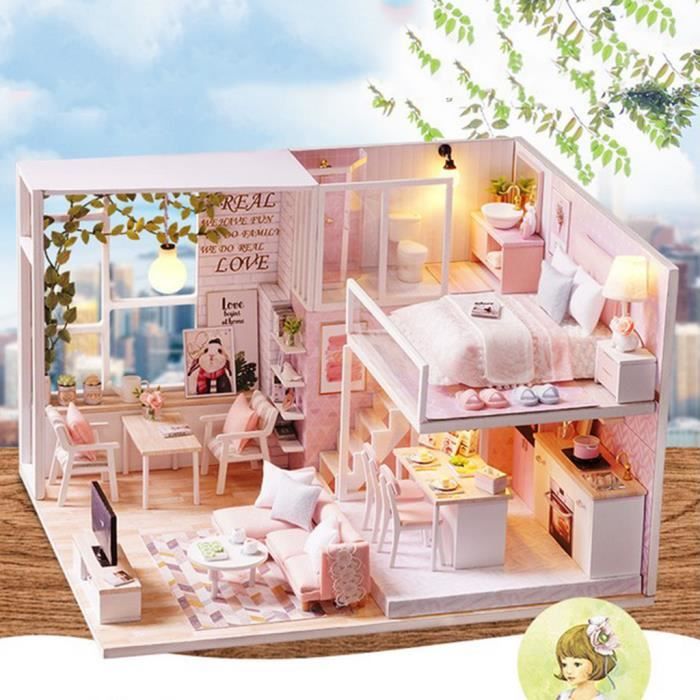 Kits De Maison De Poupée Bricolage Avec Des Meubles - Appartement Duplex Princesse Rose Pour Enfants