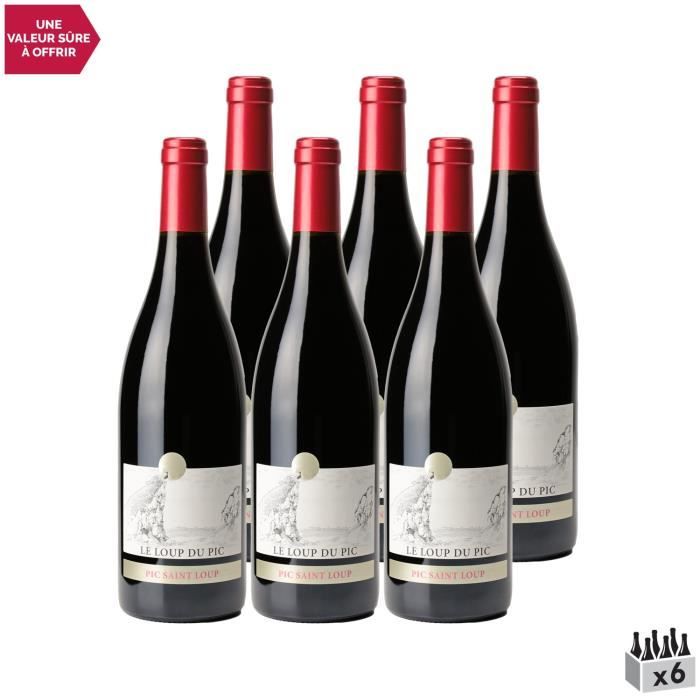 Château Puech Haut Pic Saint-Loup Le loup du Pic Rouge 2019 - Lot de 6x75cl - Vin AOC Rouge du Languedoc - Roussillon