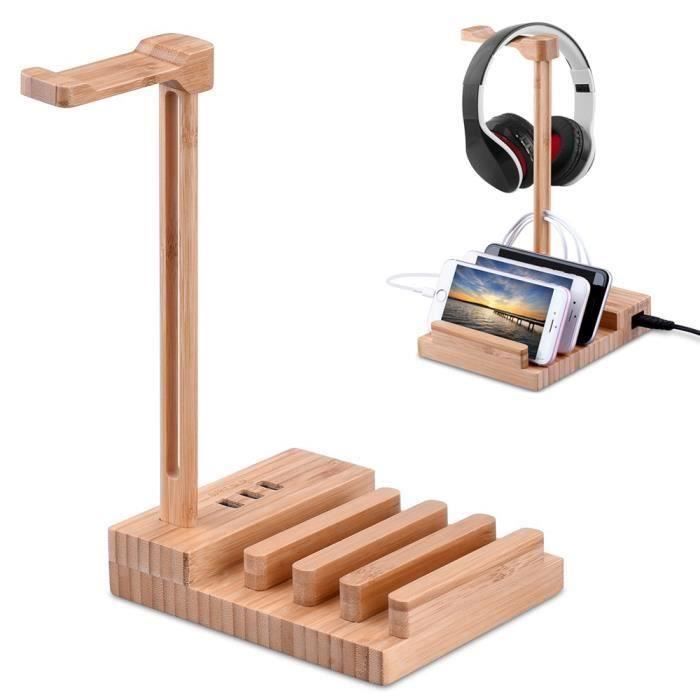 Support de Casque Écouteurs En Bois + Charge Universelle de Téléphone Station De Charge