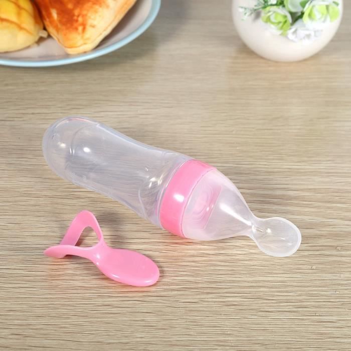 Tbest biberon Biberon en silicone de 90 ml pour bébé tout-petit avec cuillère mangeoire à céréales (rose)
