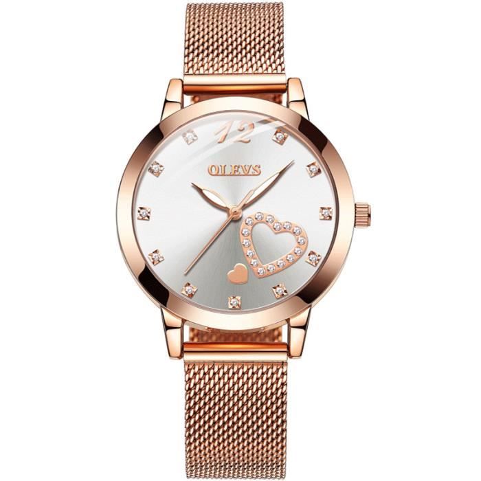 Montre femme de luxe motif coeur diamant bracelet en acier inoxydable étanche mode grâce or rose