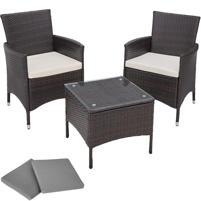 TECTAKE Salon de jardin ATHENES - 2 Chaises Fauteuils et 1 Table en Résine Tressée structure Aluminium Marron