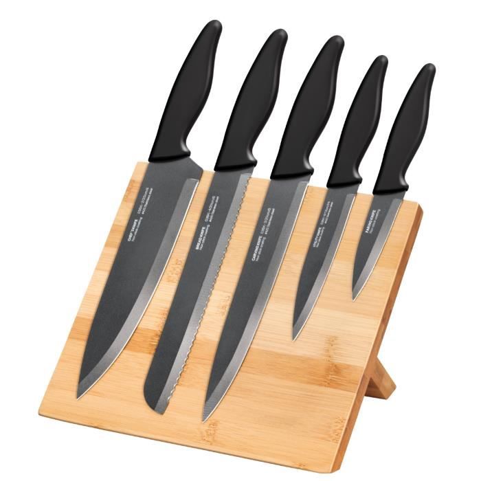 Ensemble de 5 couteaux cuisine acier inoxydable Set bloc de bambou magnétique Smile SNS-4 Marrón 03799