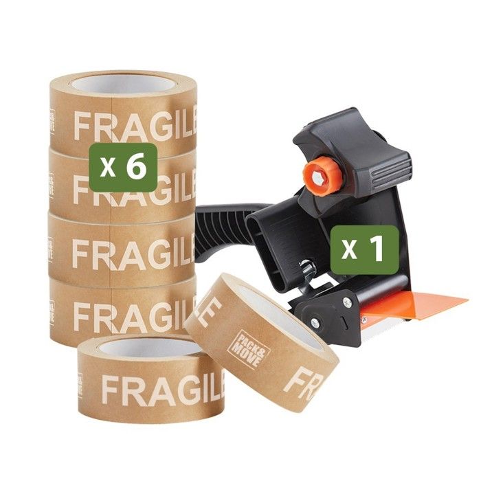 DECO EXPRESS Kit Dévidoir Pistolet + 6 Rouleaux Ruban Adhésif Marron - Parfait Pour Déménagement, Colis Et Emballages Solides