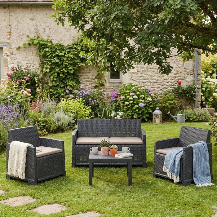 Salon de Jardin Atrito Dmora en Plastique Noir Anthracite Salon de Jardin Atrito Dmora en Plastique Noir Anthracite