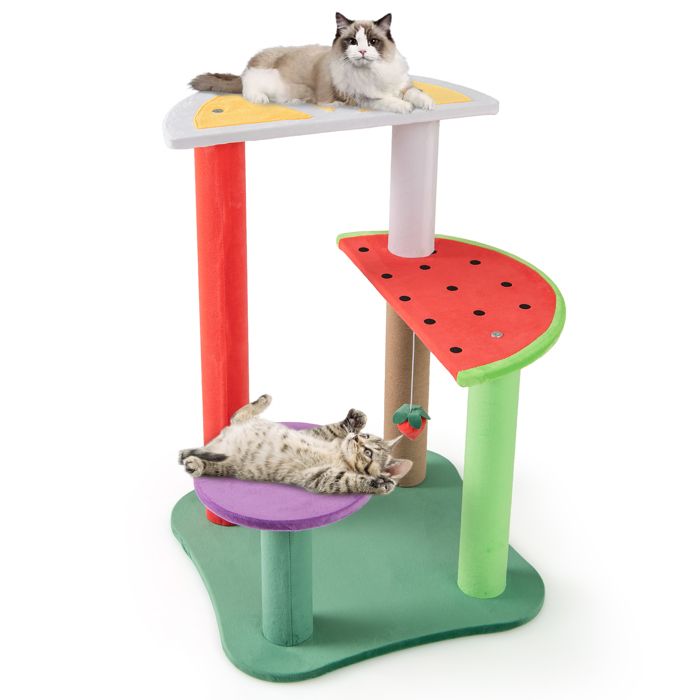Comparer les prix de Arbre à Chat Multi-niveaux 69CM COSTWAY, Tour pour Chat Mignon, Plateformes en Forme de Fruits, Balle Suspendue en Fraise, Griffoir