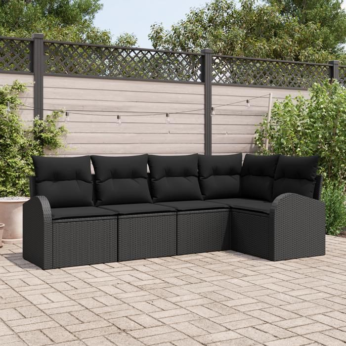 Ensemble de 5 Pièces de Canapé de Jardin avec Coussins Noir Poly Rattan Canapé de Jardin 2 Places avec Rangement & Coussins