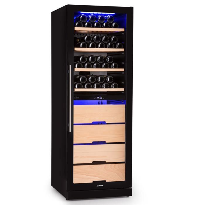 Klarstein Barossa 123 Duo Cave à vin 2 zones 123 bouteilles LED Système No-Frost Étagères en bois Résistante aux UV - Klarstein