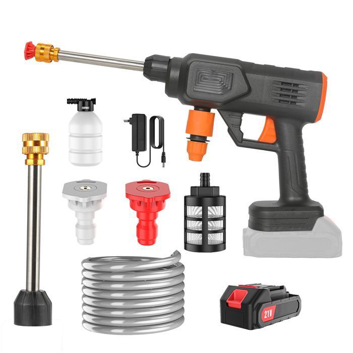 Nettoyeur Haute Pression 21V Sans Fil 120Bar - 6 En 1 Avec 2 Batteries, Pistolet Et Tuyau 5m