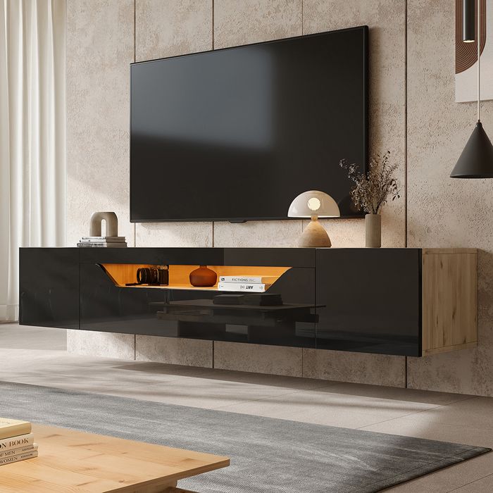 Meuble TV 180x37x36 cm suspendu 3 compartiments LED fixation murale pour TV 75 pouces Noir+Bois Meuble TV 180x37x36 cm suspendu 3 compartiments LED fixation murale pour TV 75 pouces Noir+Bois
