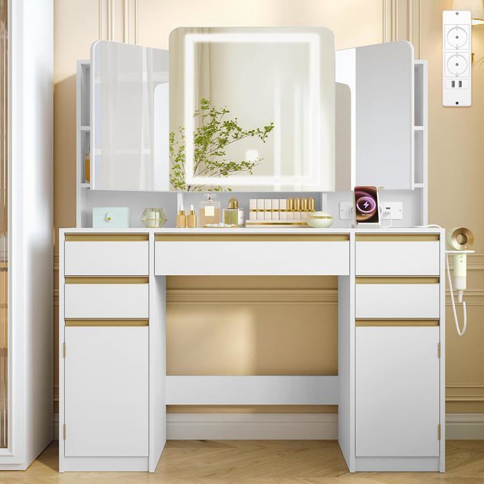 Coiffeuse avec Miroir Triple Luminosité Réglable Prise Support pour Sèche-Cheveux Table de Maquillage Tiroir et Armoire Blanc