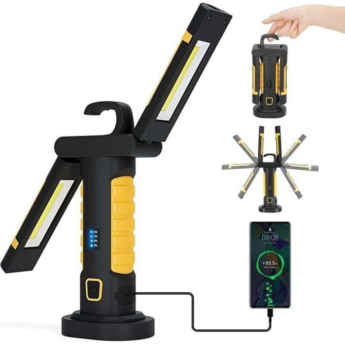 Lampe de Travail LED Rechargeable Baladeuse LED Mecanicien Lampe Travail Magnétique sans Fil avec Interrupteur Accroche USB pour M