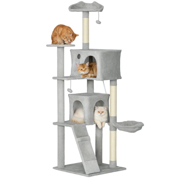 Comparer les prix de Arbre à chat - PawHut - 180H cm - platesformes niches lit hamac échelle et 2 balles en peluche griffoirs en sisal - gris clair