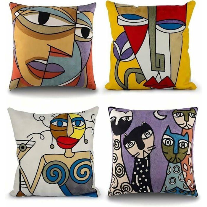 Housses de coussin Picasso coton lin brodé 45x45cm motif visage abstrait MOON