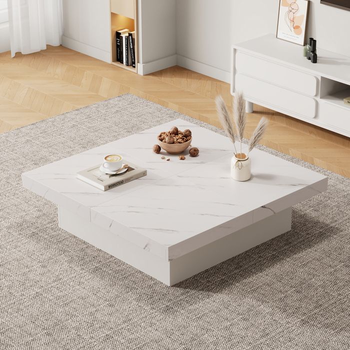 Table basse carrée blanche moderne aspect marbre 90 x 90 x 25 cm - quatre tiroirs plateau coulissant capacité d