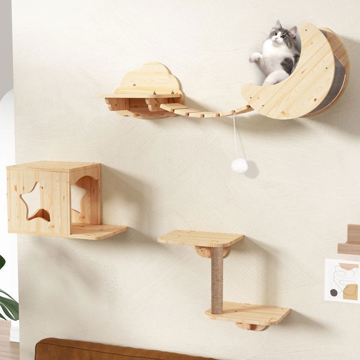 Arbre à chat mural - HOLTICO - Arbre à chat mural en bois 5 pièces avec pont suspendu et griffoir - Naturel