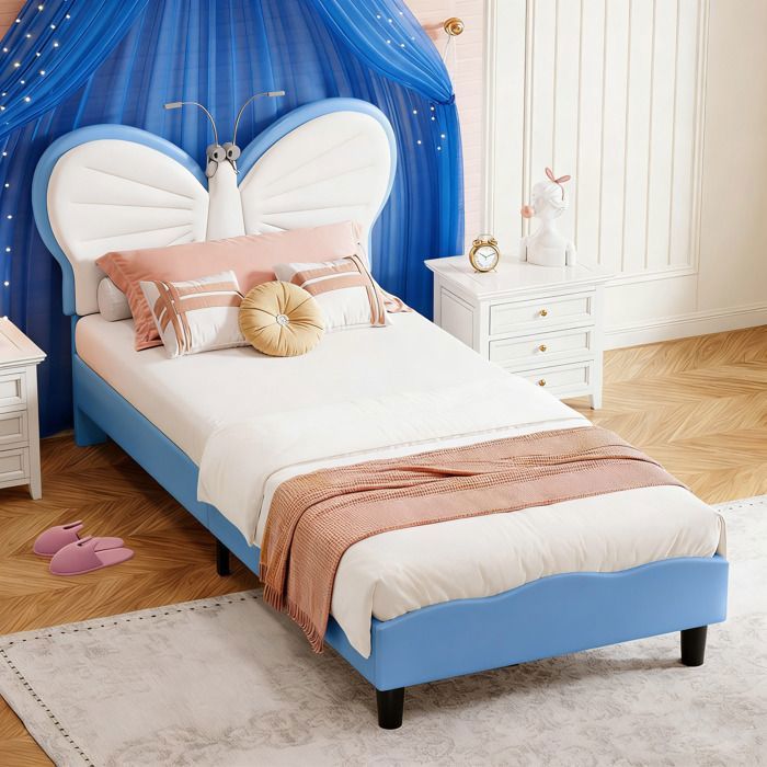 Lit Enfant Fille 90x200CM avec LED Tête de Lits Réglable en Hauteur en Forme de Papillon Lits Princesse Sommier à Lattes PU Bleu
