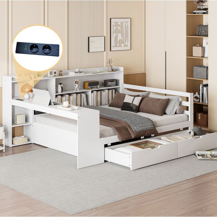 Lit double blanc 140×200 cm avec bureau rangements intégrés et prise USB structure solide montage nécessaire