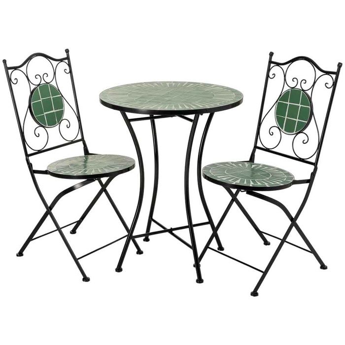 Ensemble table et 2 chaises en mosaïque et fer forgé Vert table : D60 Vert Asymétrique