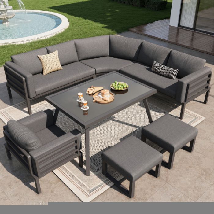 Salon bas de jardin extérieur – canapé demi-lune pour 8 personnes cadre en fer robuste coussins gris et table vitrée
