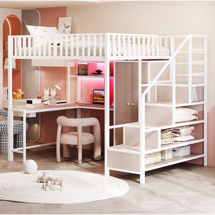 ULEVR Lit mezzanine 140 x 200 cm en métal blanc avec bureau armoire étagères LED et prises intégrées