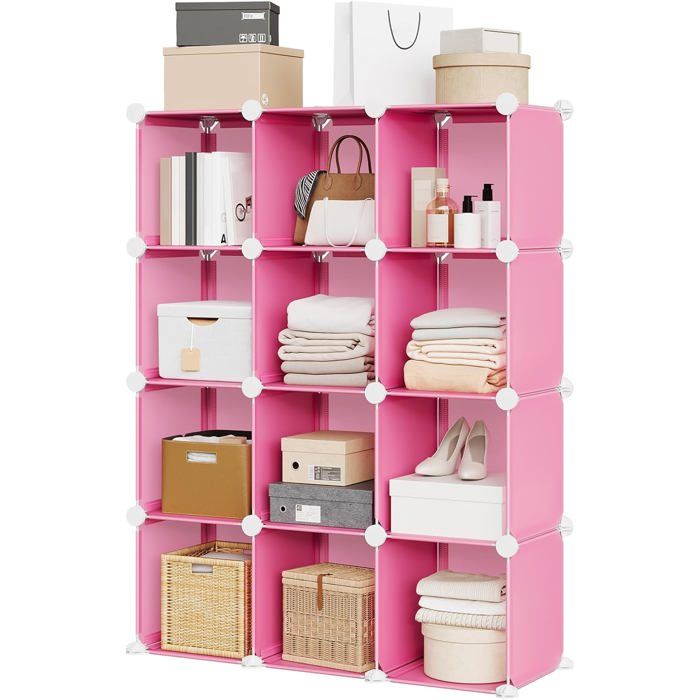 AFF MEUBLE ETAGERE-12 Casiers Meuble de rangement modulaire-Bibliothèque DIY Empilable en PVC-Étagère de rangement modulable rose